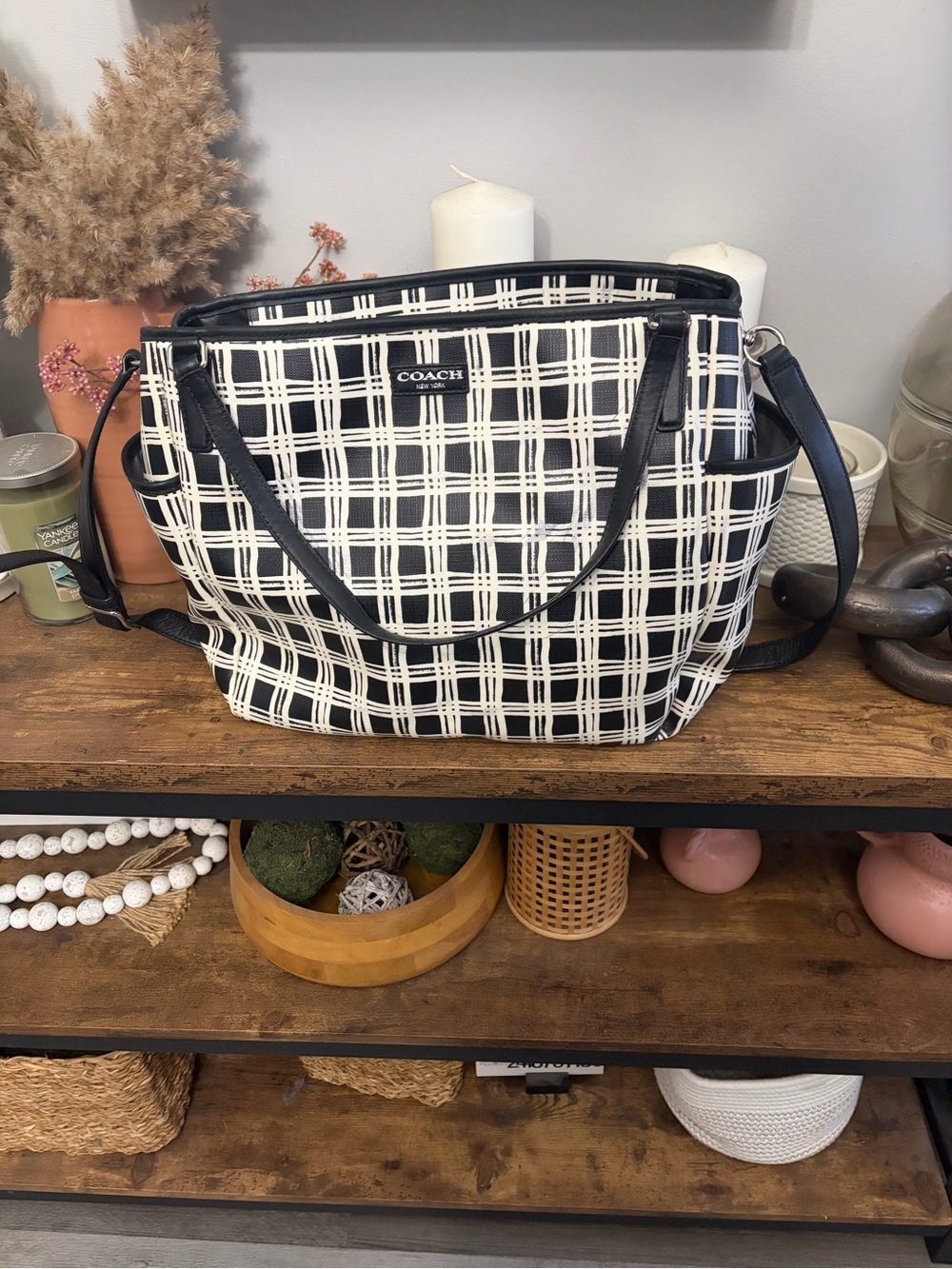 Coach Black and White Plaid diaper bag